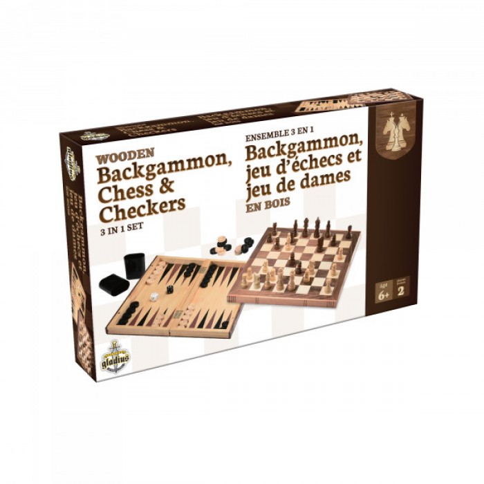 Ensemble en bois 3 en 1: Backgammon, jeu d'échecs et jeu de dames (ML)