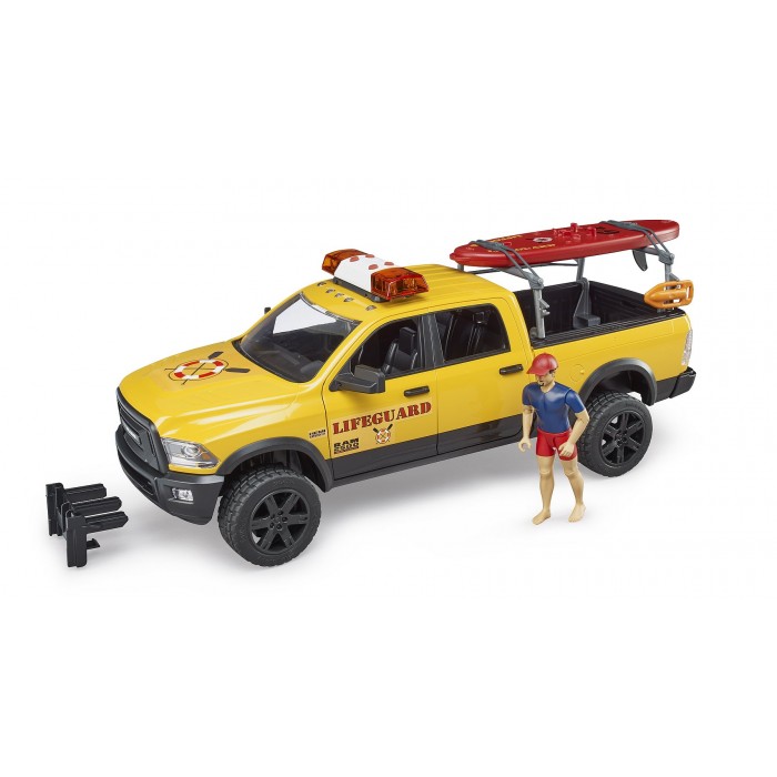 Bruder: Power Wagon RAM 2500 pour maître-nageur avec figurine, Stand Up Paddle et module son et lumière