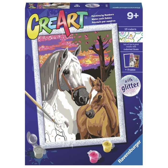 Peinture à numéros CreArt : Sunset Horses (avec paillettes) (24 x 18 cm)